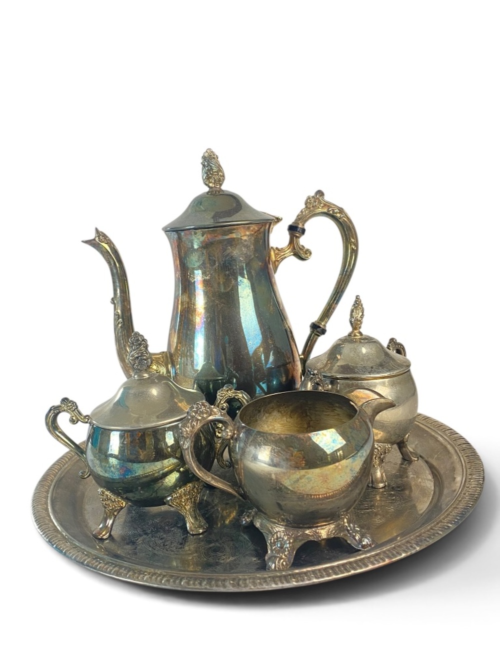 Vintage Silver Tone Tea Coffee Service Set 5 Pc Ornate Footed Tray Hong Kong
